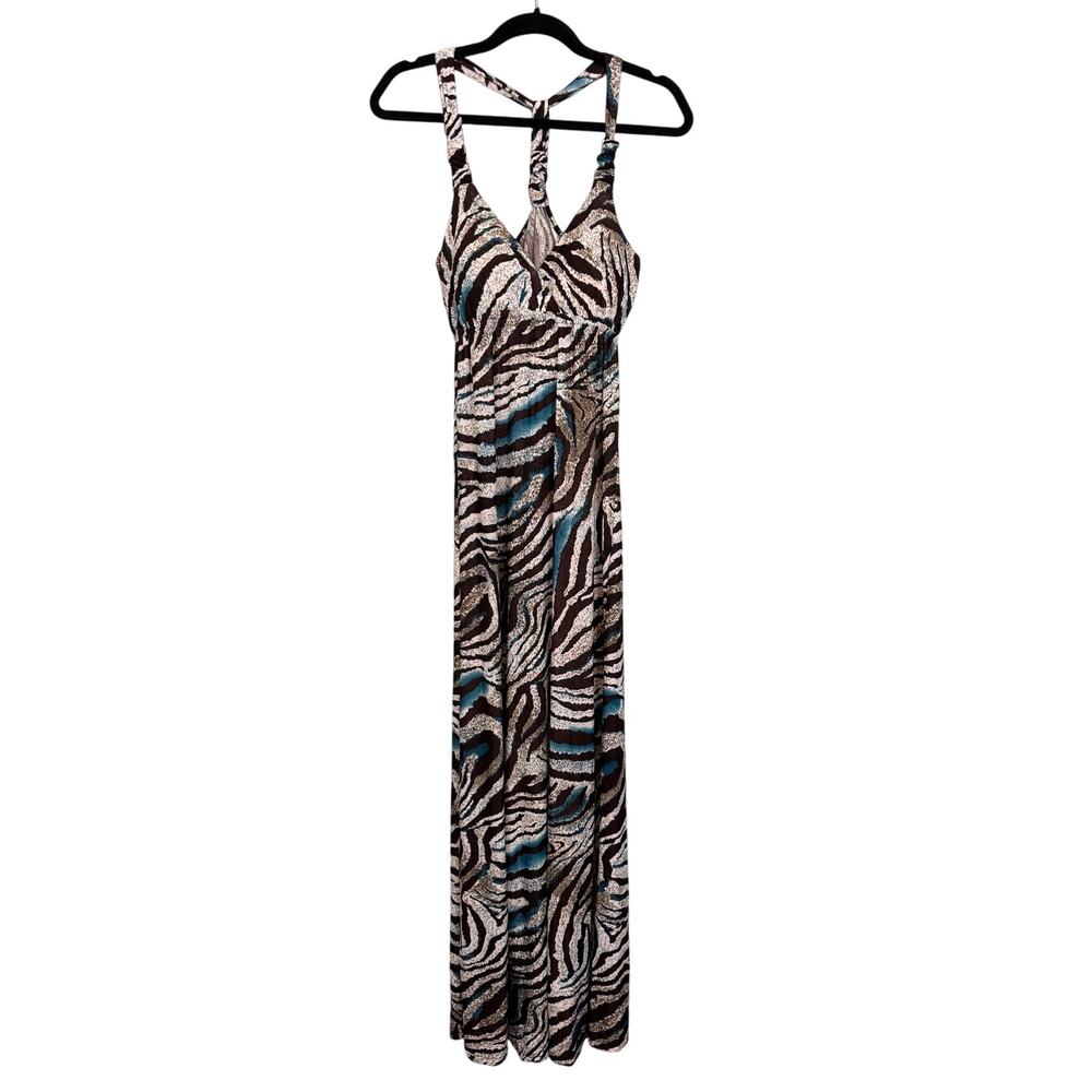 FCNY Maxi Dress Women S Brown Animal Print Sleeveless Empire Sundress Summer NWT